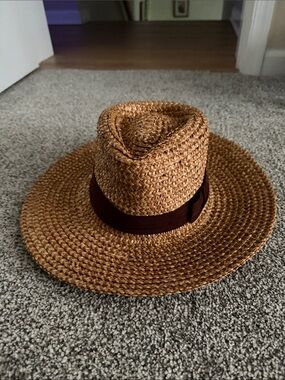 Brixton Joanna Straw Fedora in brown with Dark Brown Band, Size SMALL